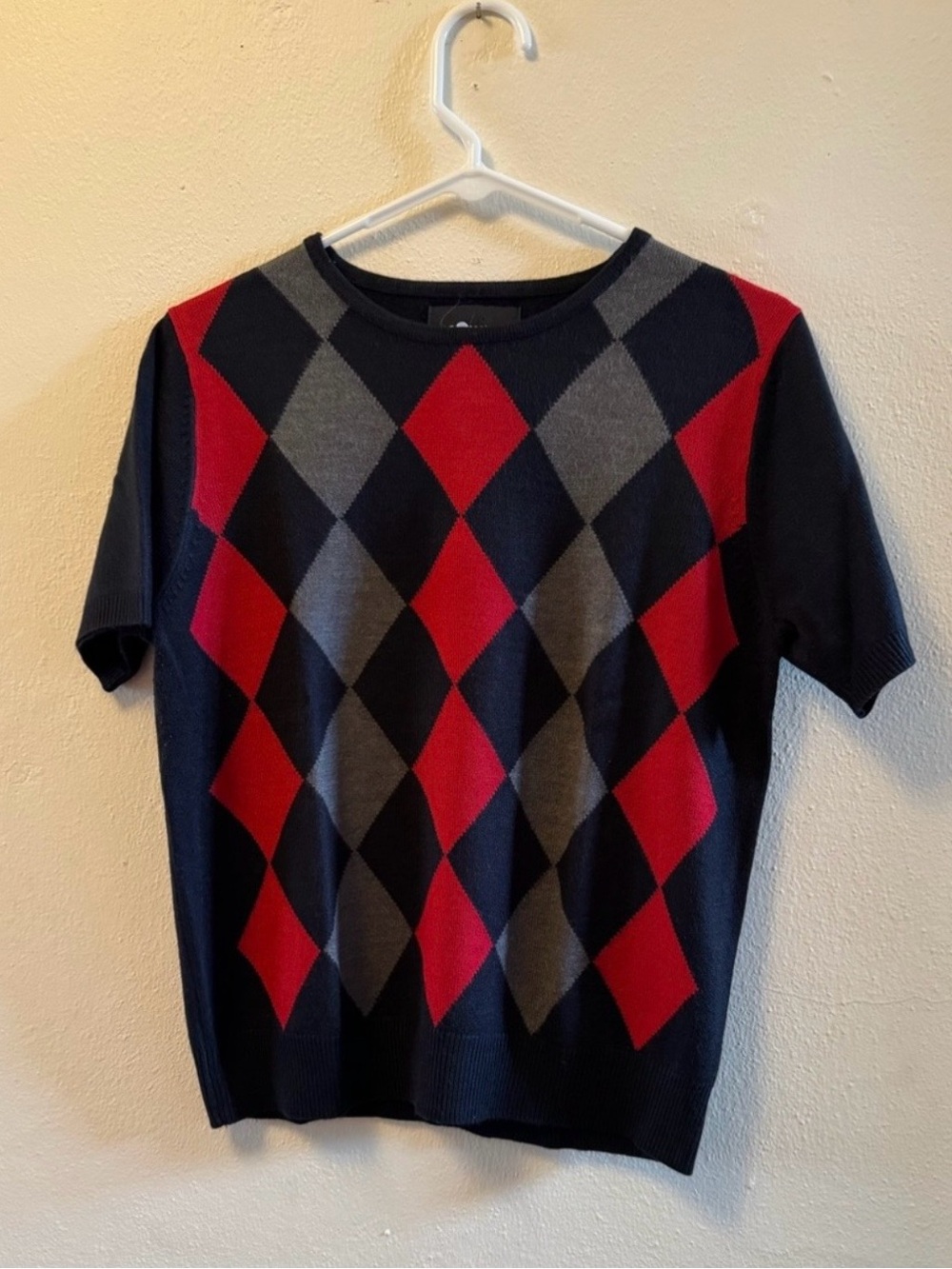 Vintage 90s Sag Harbor Argyle Knit Top Red Black Grey Preppy Academic S
